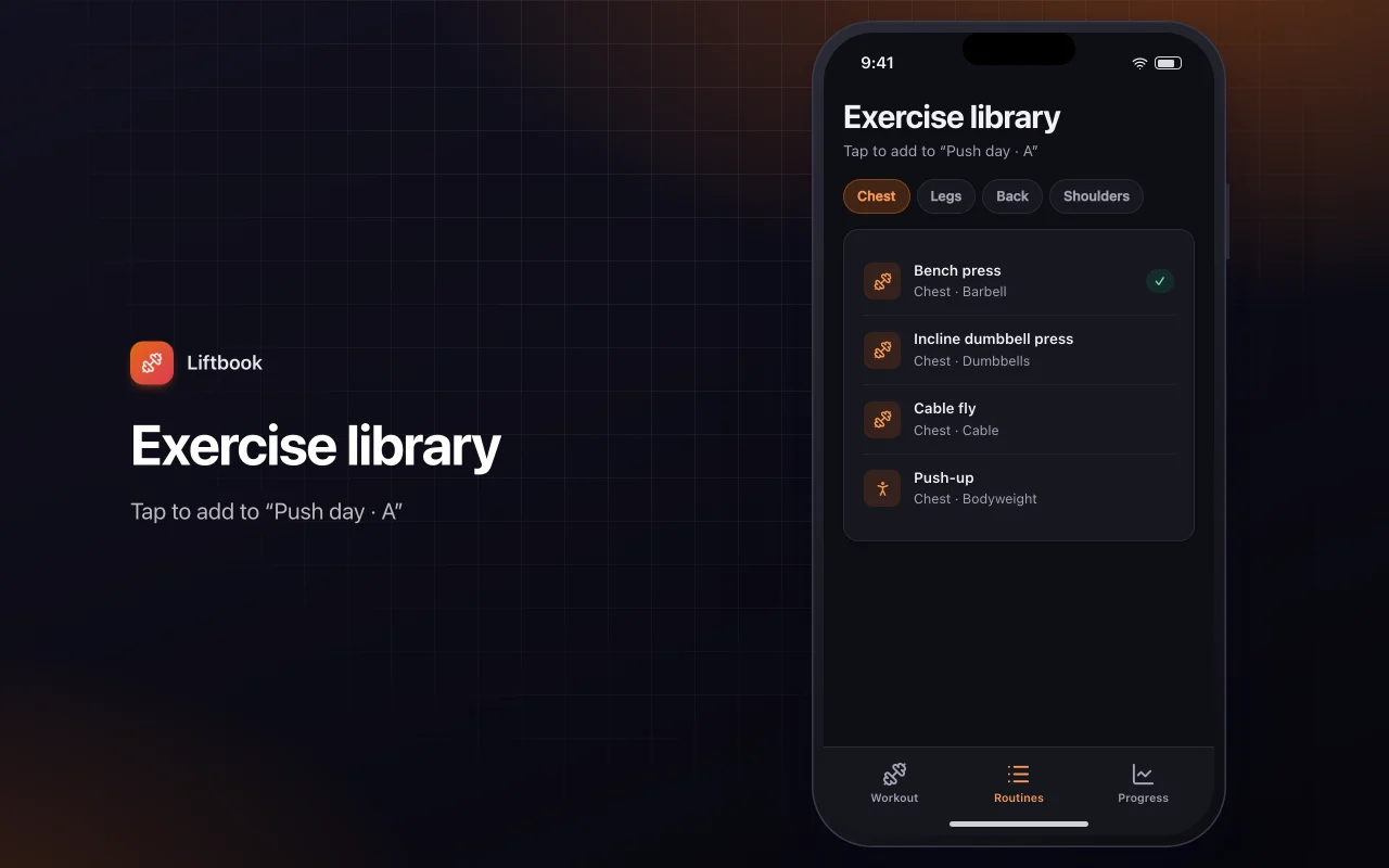 Workout log and progress: the Exercise library screen