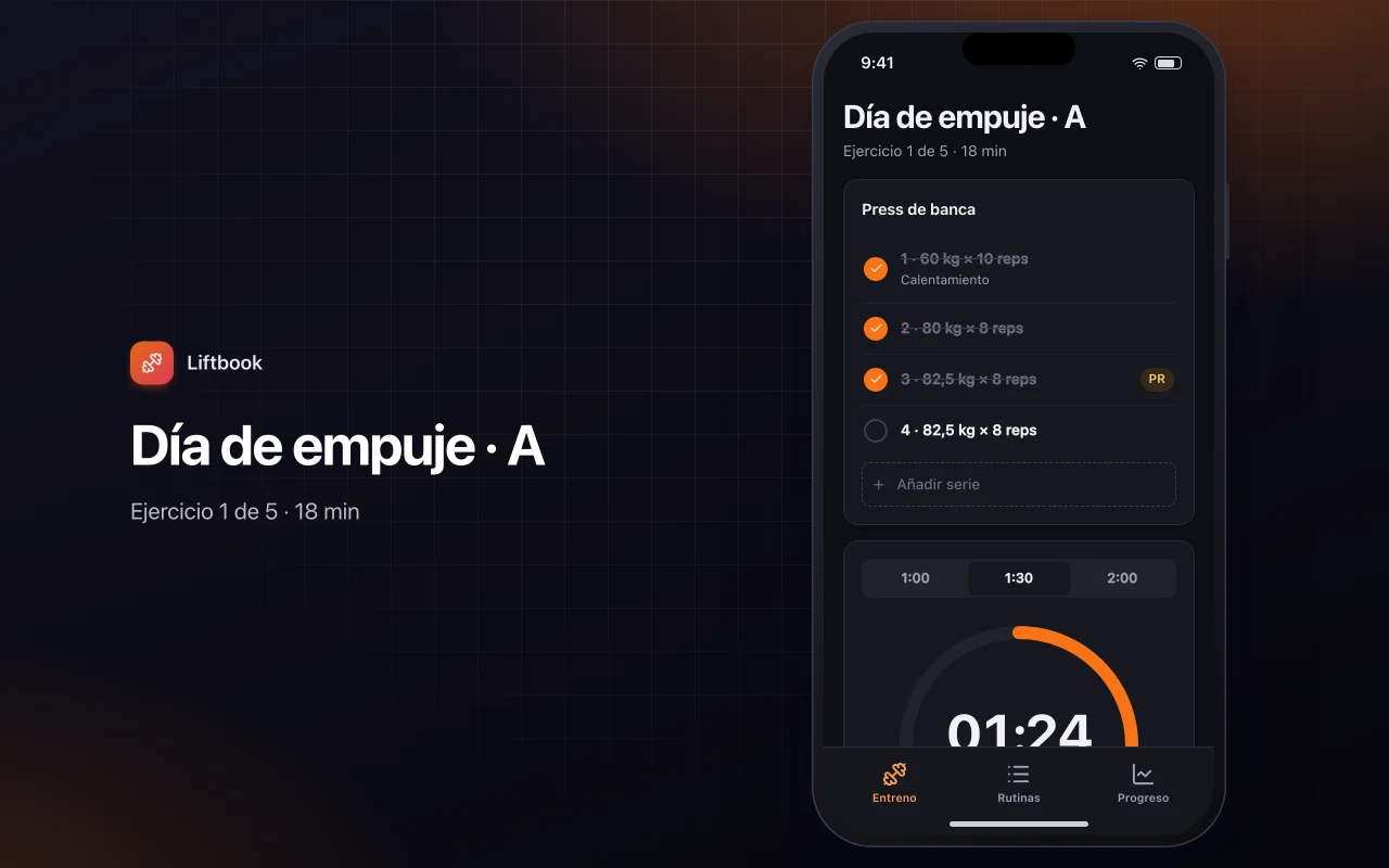 Registro de entrenamientos y progreso: la pantalla Día de empuje · A