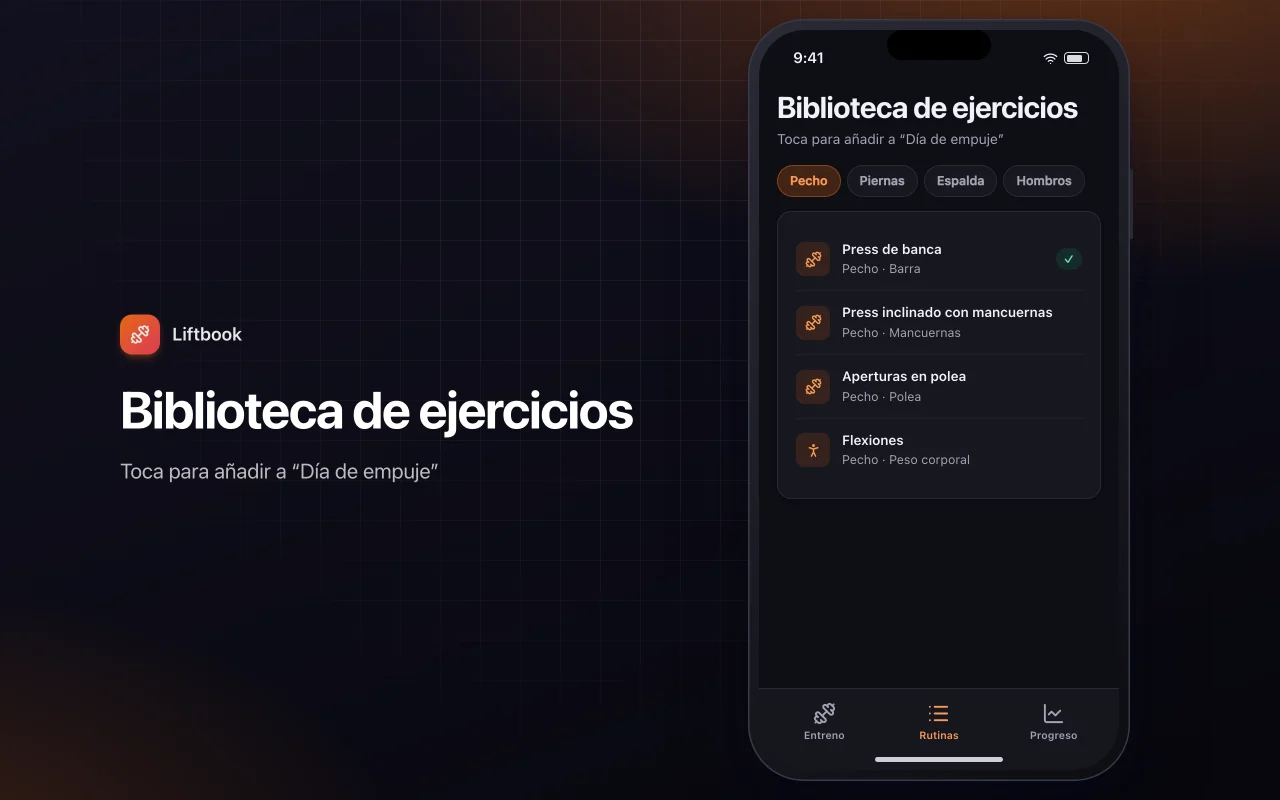 Registro de entrenamientos y progreso: la pantalla Biblioteca de ejercicios