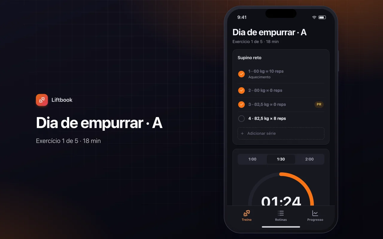 Diário de treino e progresso: a tela Dia de empurrar · A