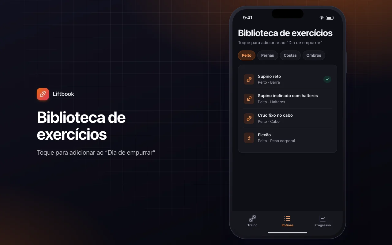 Diário de treino e progresso: a tela Biblioteca de exercícios