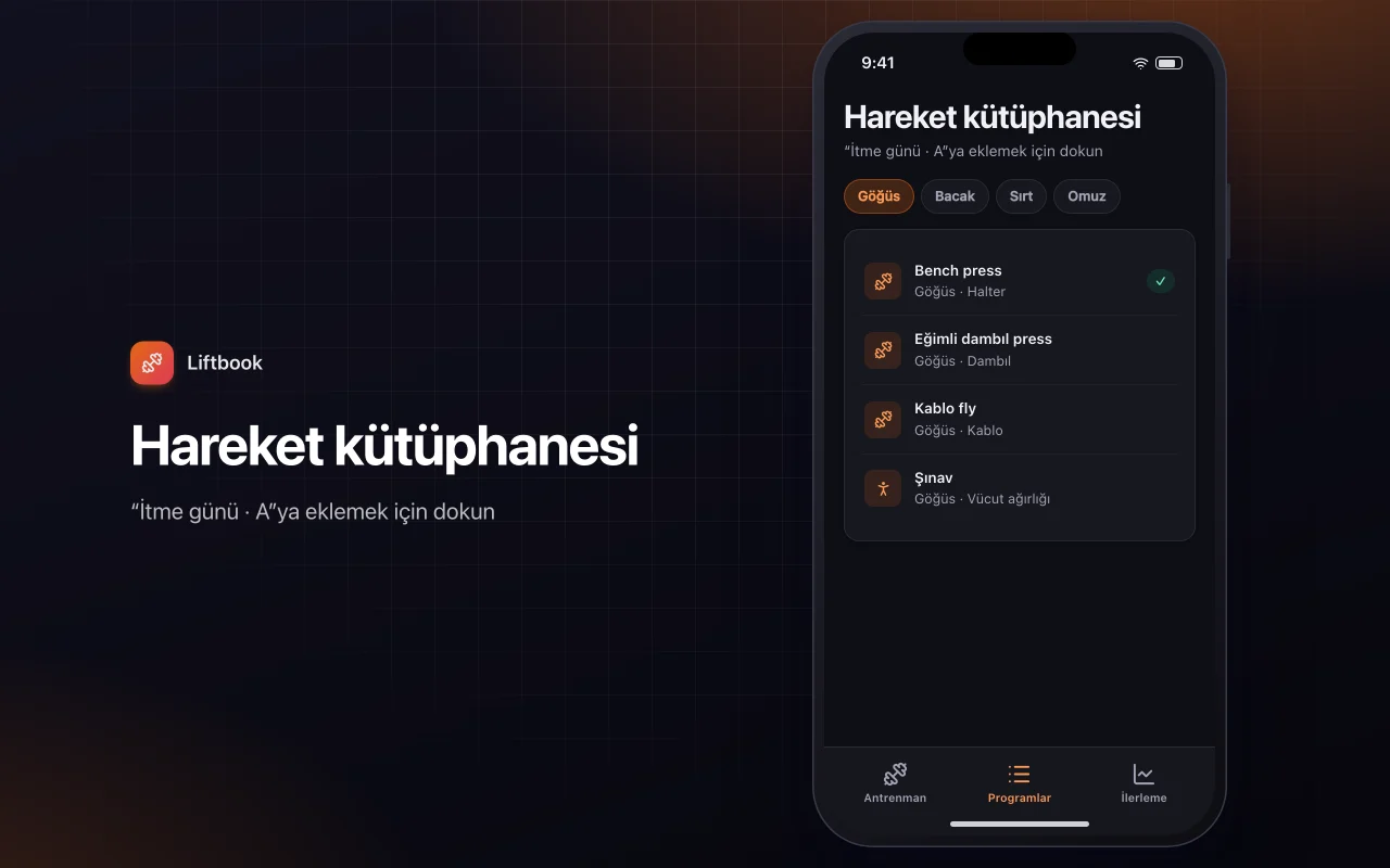 Antrenman günlüğü ve ilerleme: Hareket kütüphanesi ekranı