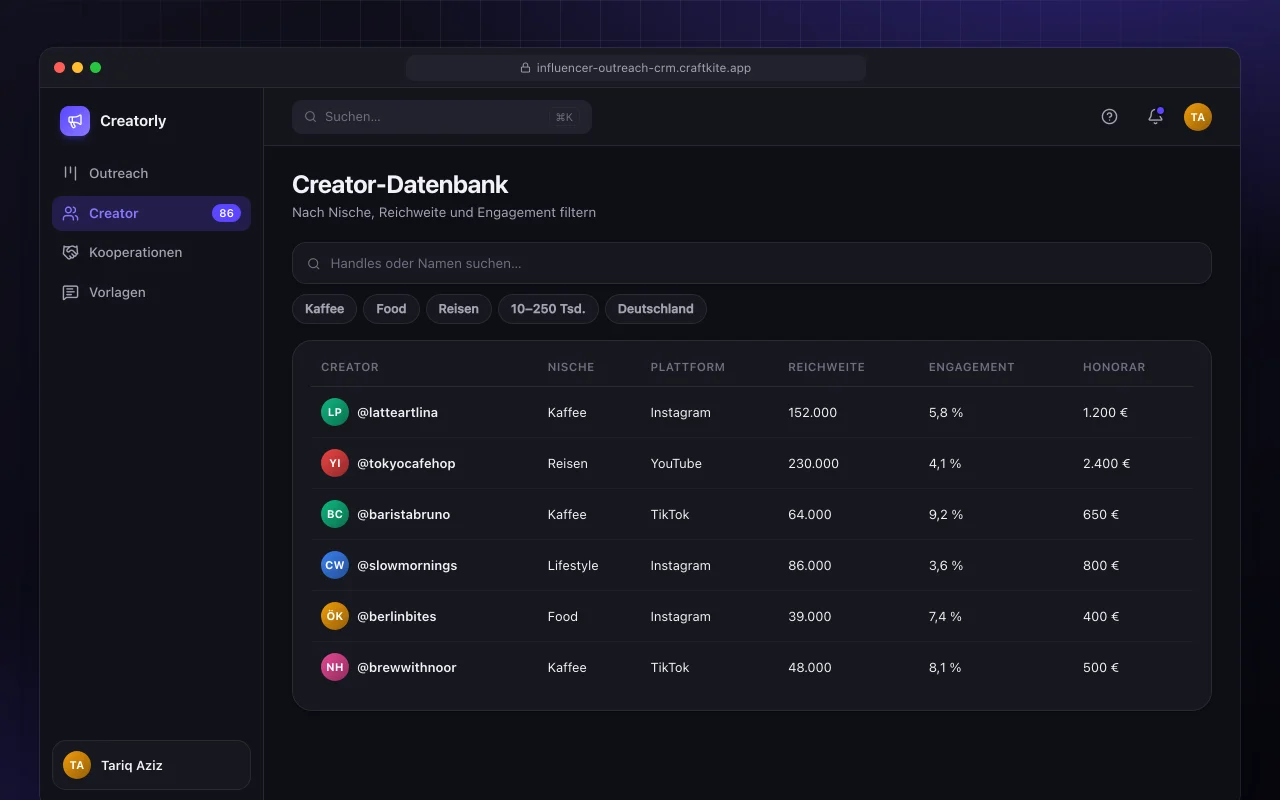 Influencer-Outreach-CRM: der Bildschirm „Creator-Datenbank“