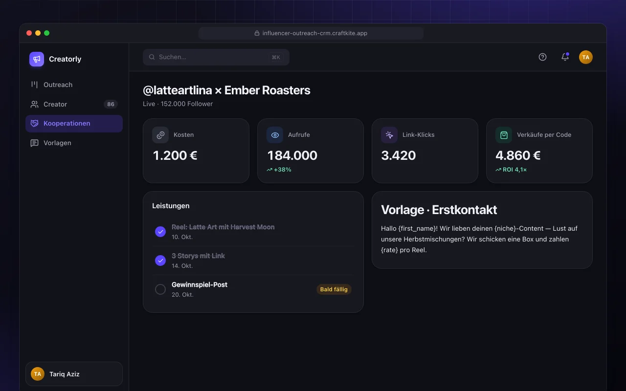 Influencer-Outreach-CRM: der Bildschirm „@latteartlina × Ember Roasters“