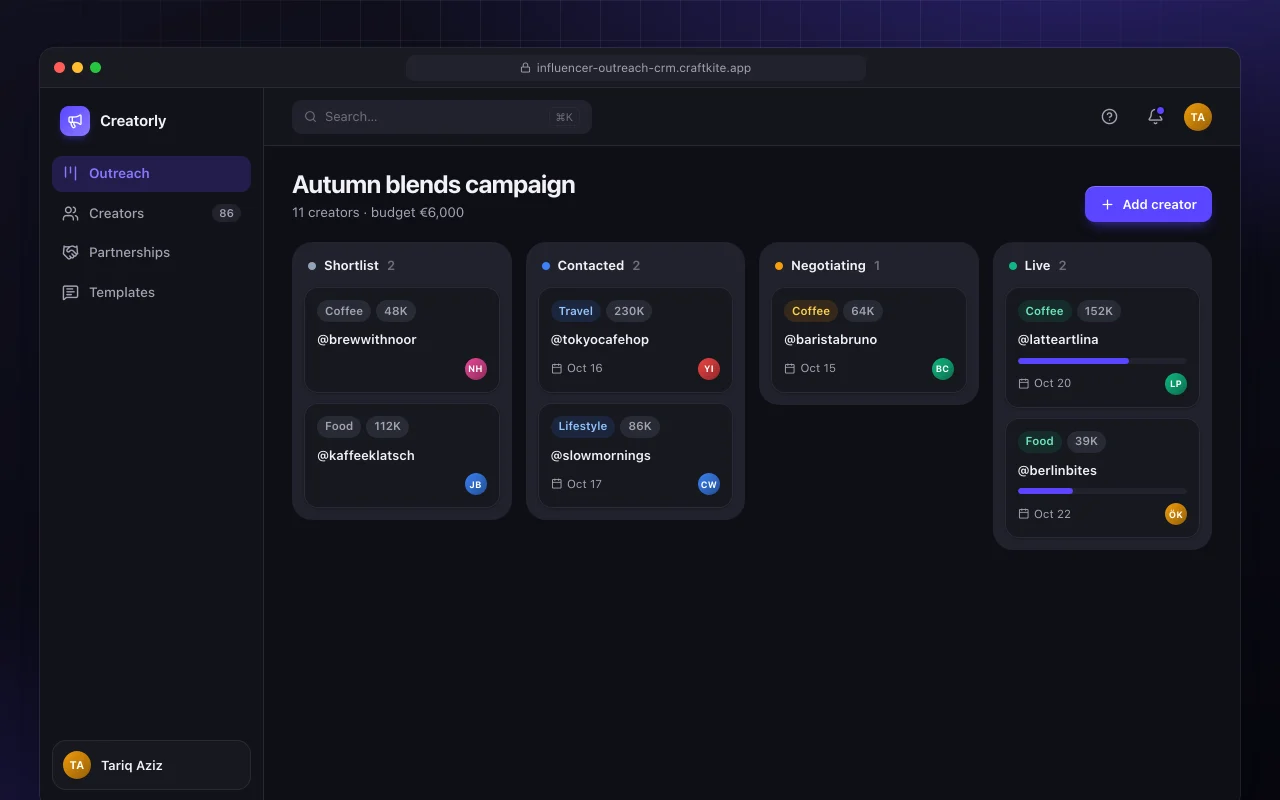Influencer outreach CRM: the Autumn blends campaign screen