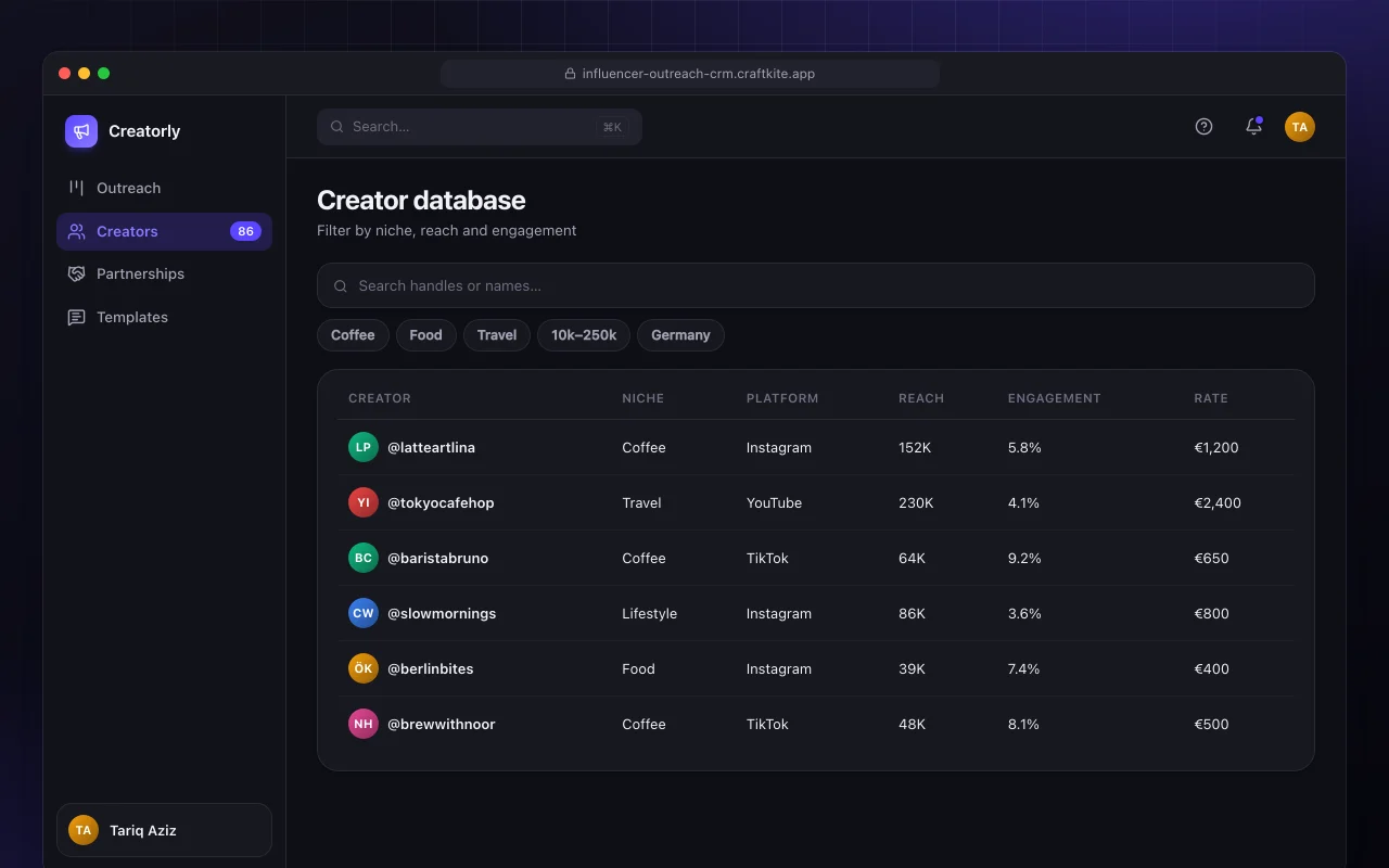 Influencer outreach CRM: the Creator database screen