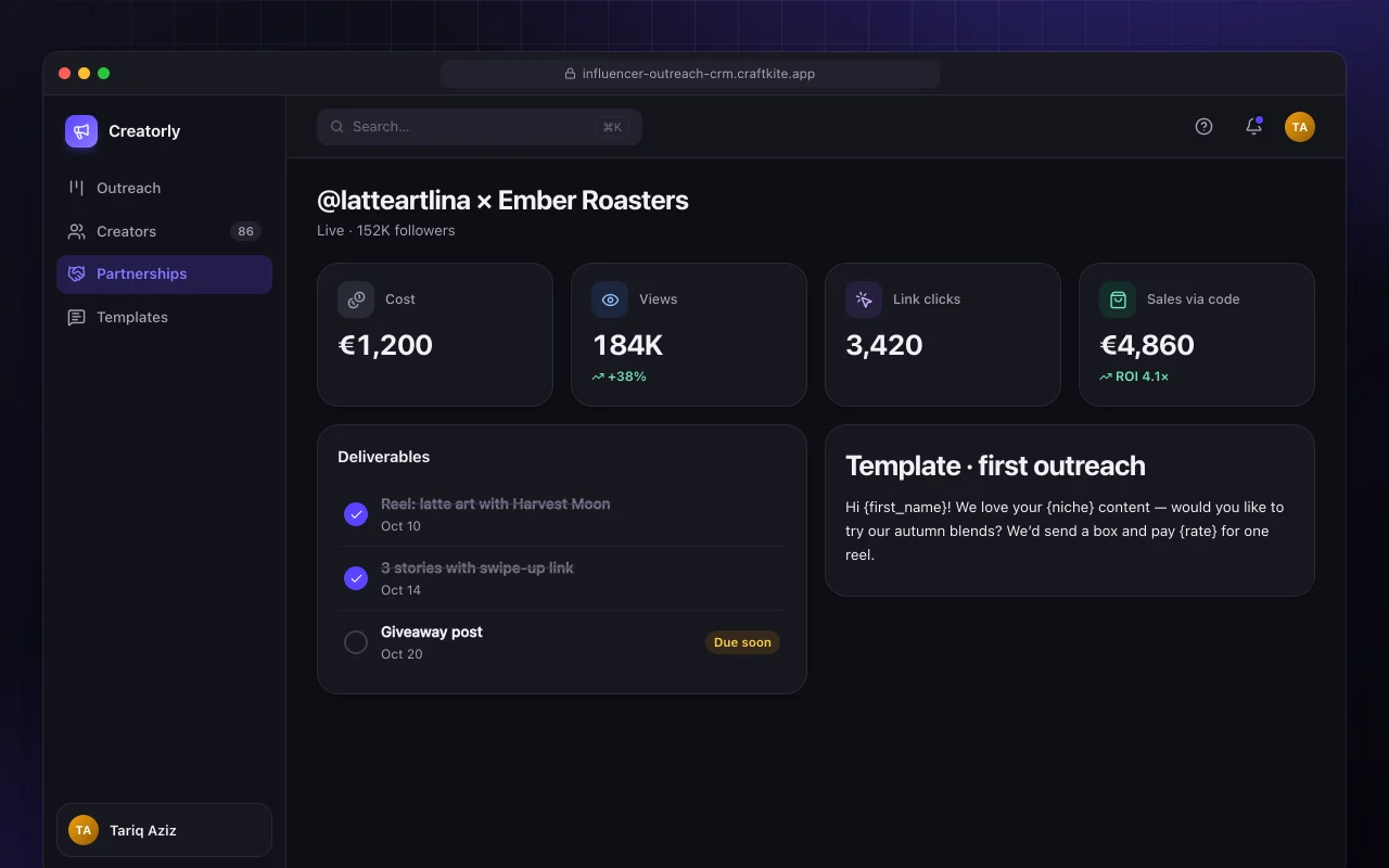 Influencer outreach CRM: the @latteartlina × Ember Roasters screen