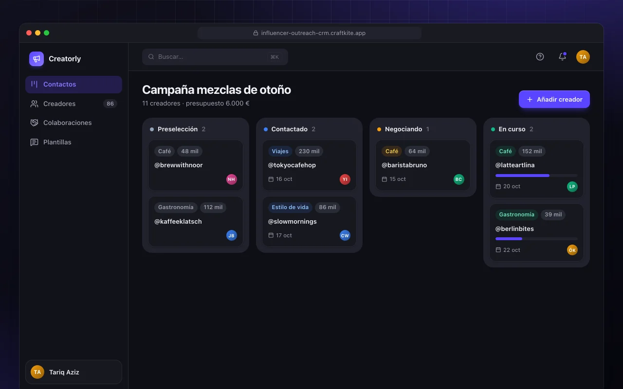 CRM de contacto con influencers: la pantalla Campaña mezclas de otoño