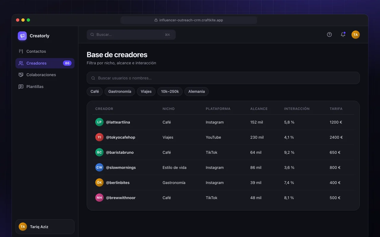 CRM de contacto con influencers: la pantalla Base de creadores