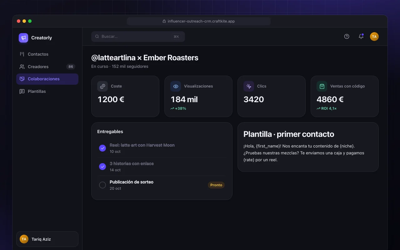 CRM de contacto con influencers: la pantalla @latteartlina × Ember Roasters