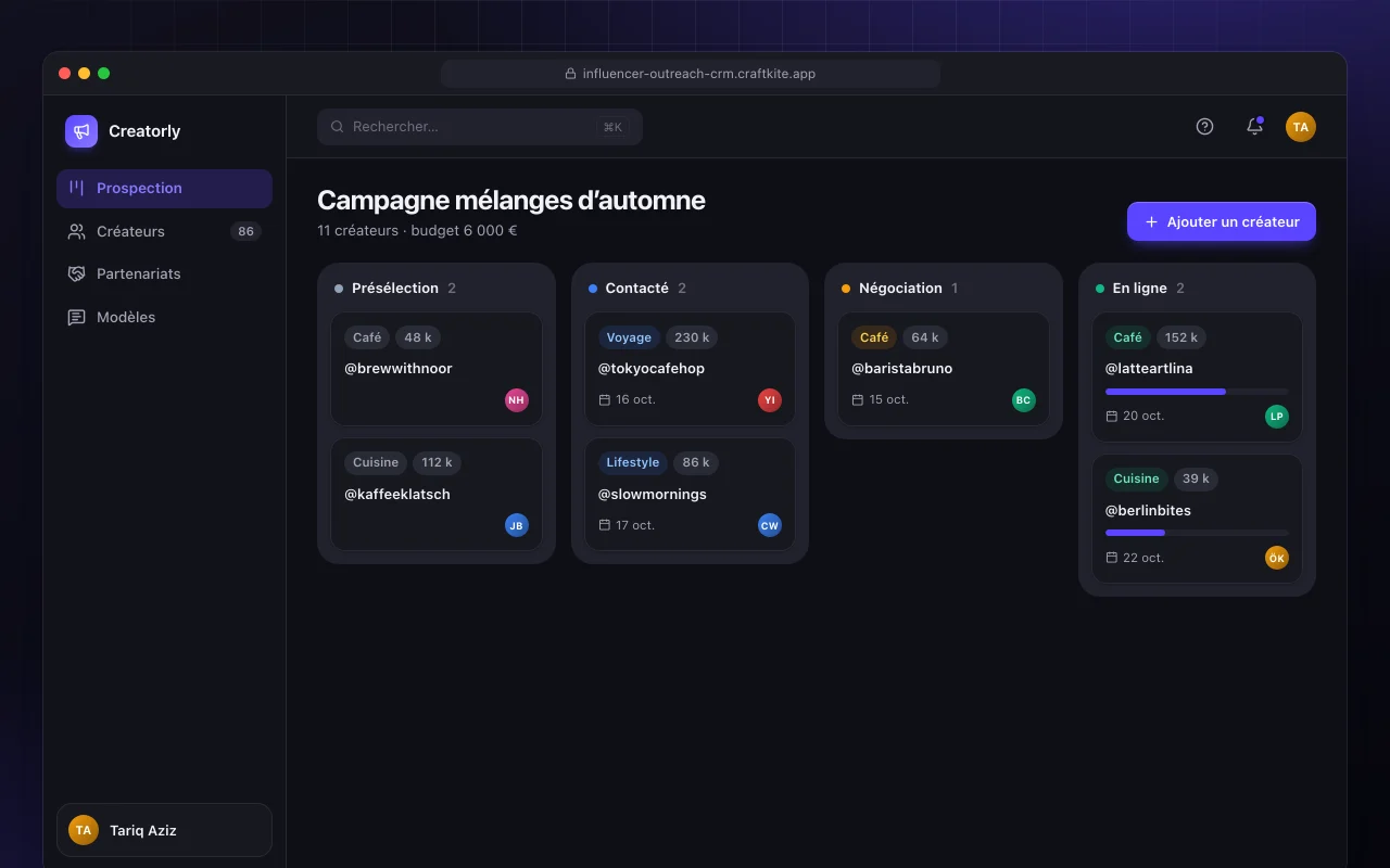 CRM de prospection d’influenceurs : l’écran Campagne mélanges d’automne