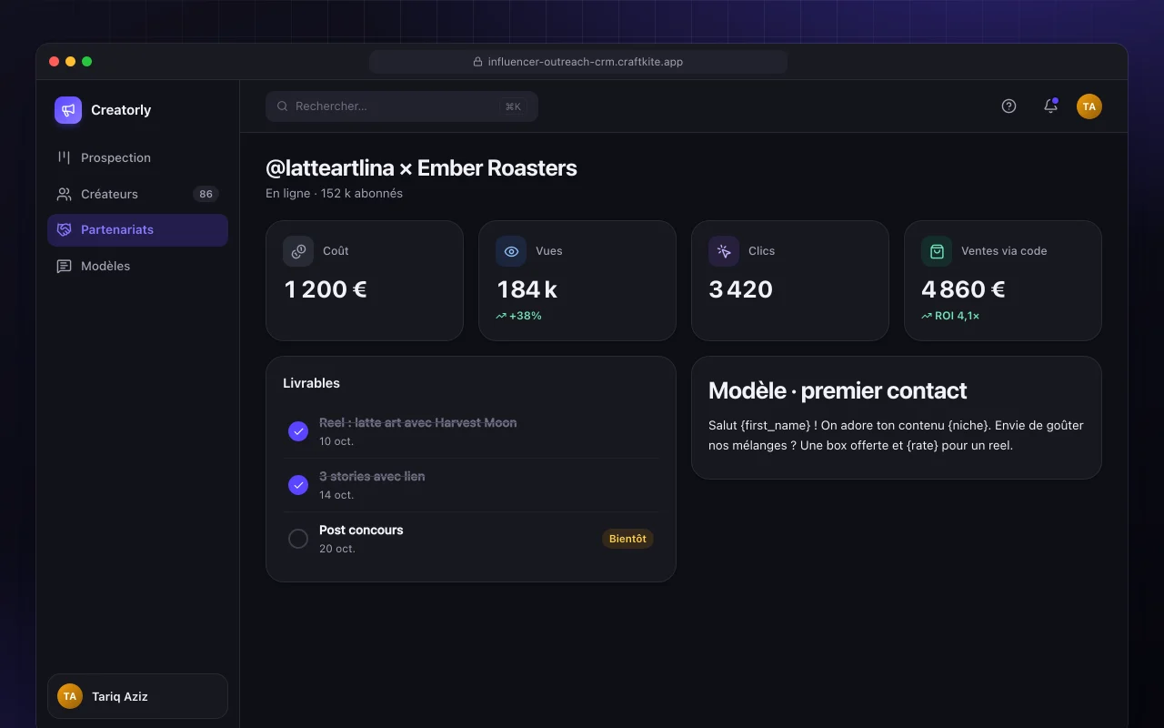CRM de prospection d’influenceurs : l’écran @latteartlina × Ember Roasters