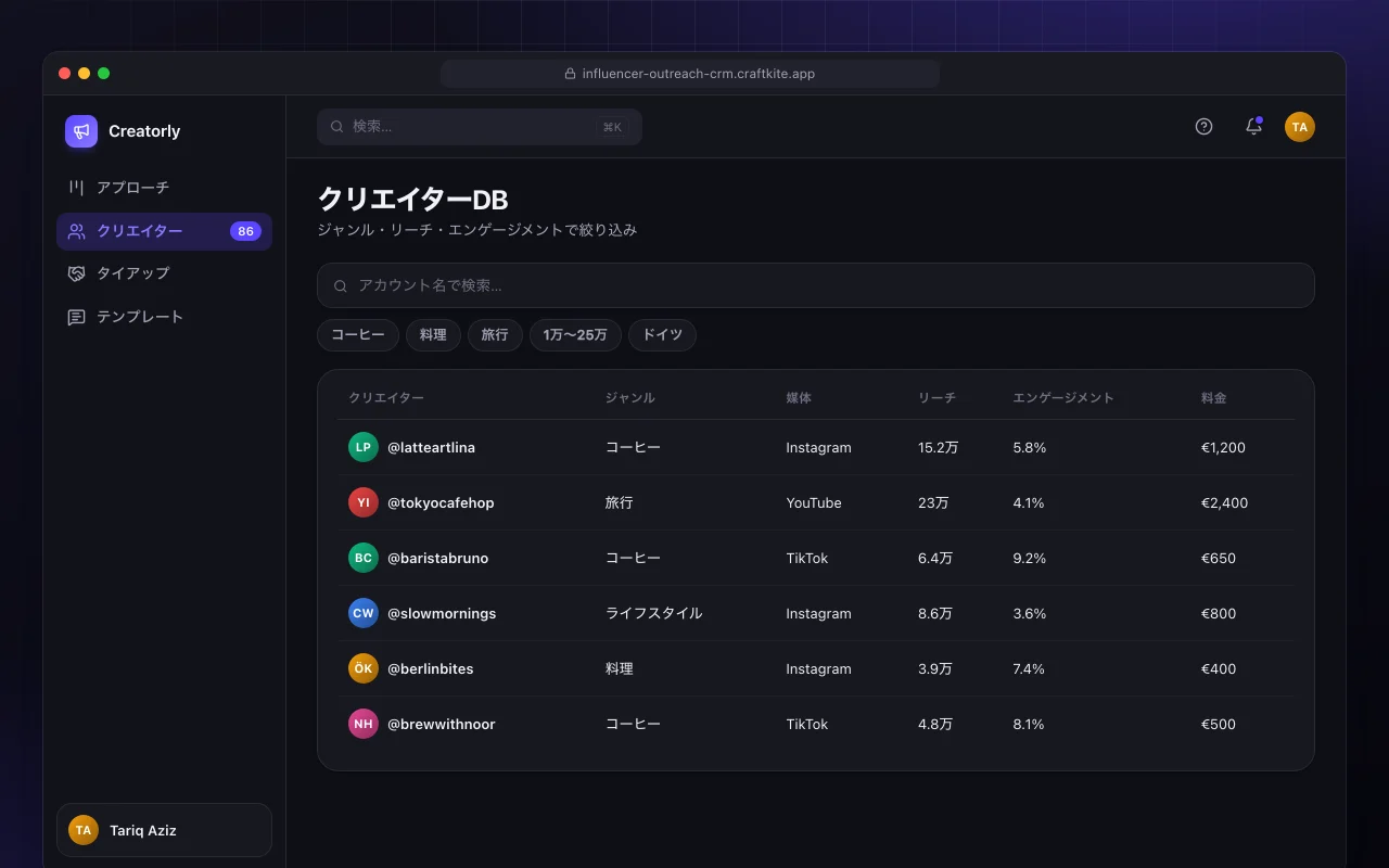 インフルエンサーアプローチCRM：クリエイターDB画面