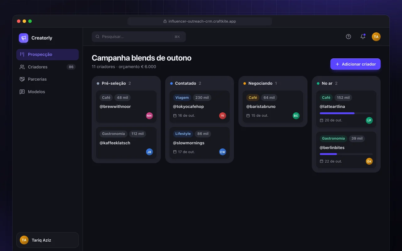 CRM de contato com influenciadores: a tela Campanha blends de outono