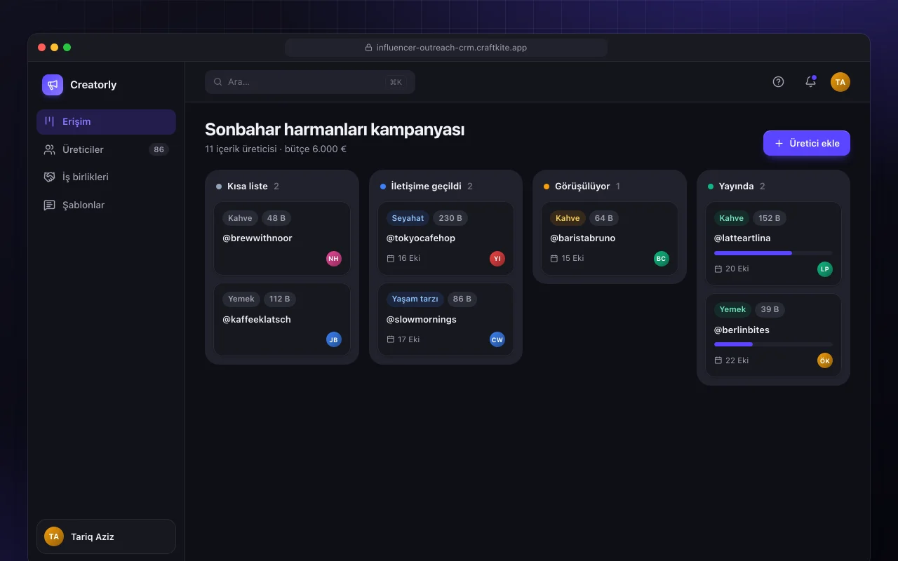 Influencer iletişim CRM’i: Sonbahar harmanları kampanyası ekranı