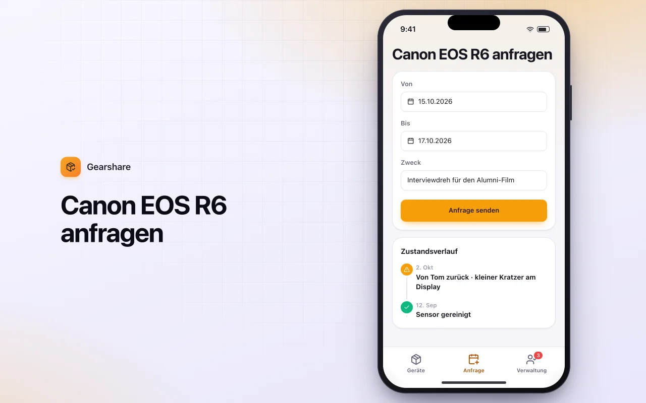 Geräteausleihe-Anfrage: der Bildschirm „Canon EOS R6 anfragen“