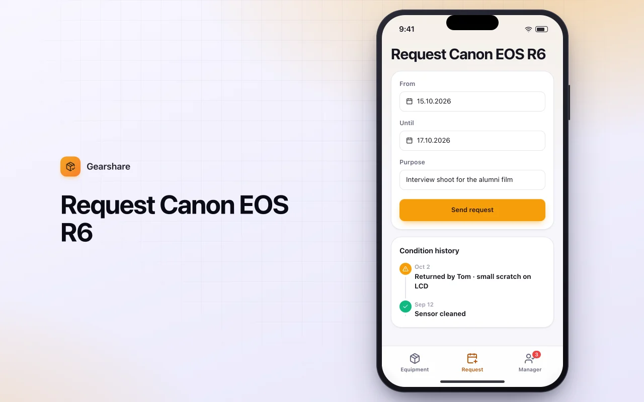 Equipment loan request: the Request Canon EOS R6 screen