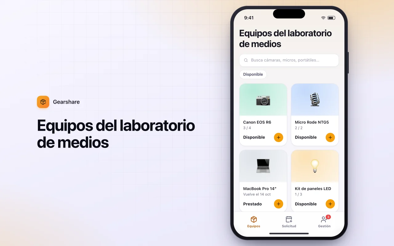 Solicitud de préstamo de equipos: la pantalla Equipos del laboratorio de medios