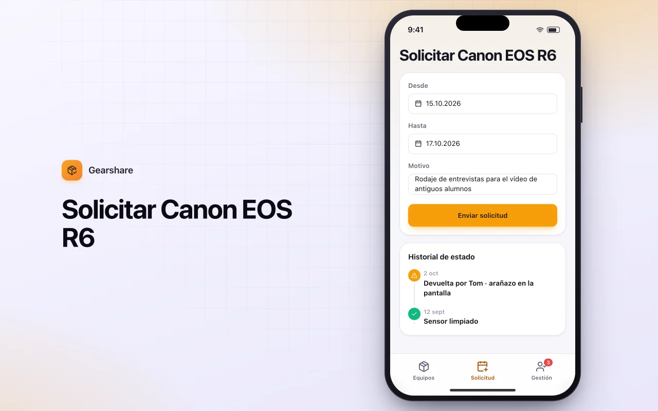 Solicitud de préstamo de equipos: la pantalla Solicitar Canon EOS R6