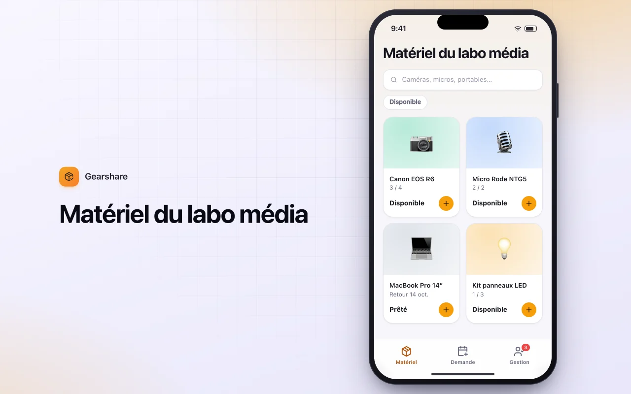 Demande de prêt de matériel : l’écran Matériel du labo média