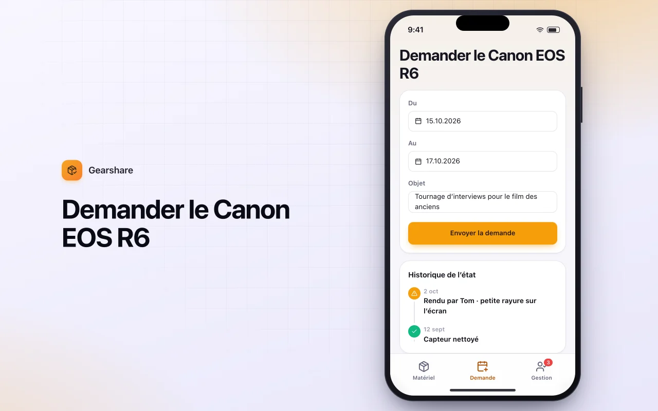 Demande de prêt de matériel : l’écran Demander le Canon EOS R6