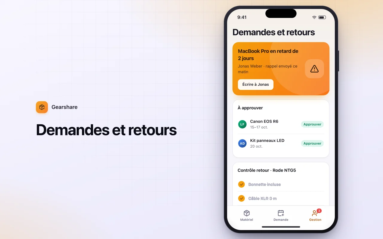 Demande de prêt de matériel : l’écran Demandes et retours