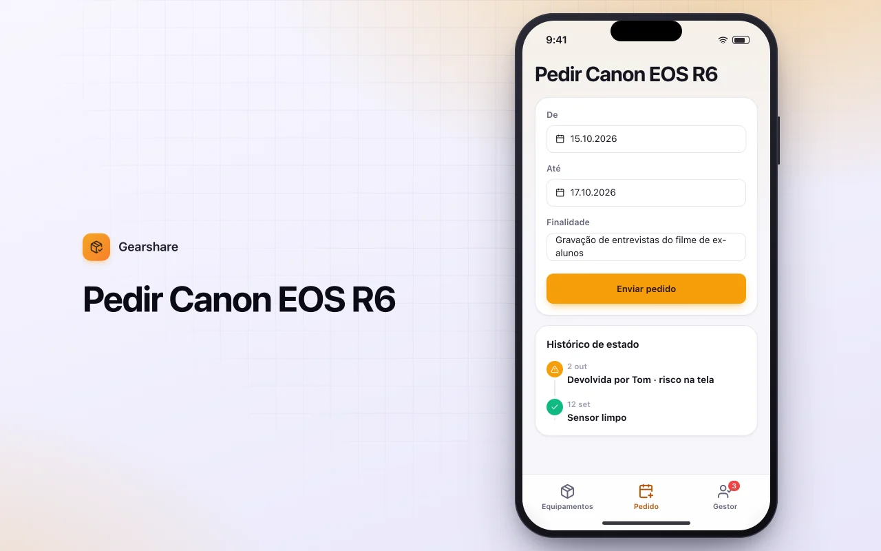 Pedido de empréstimo de equipamentos: a tela Pedir Canon EOS R6