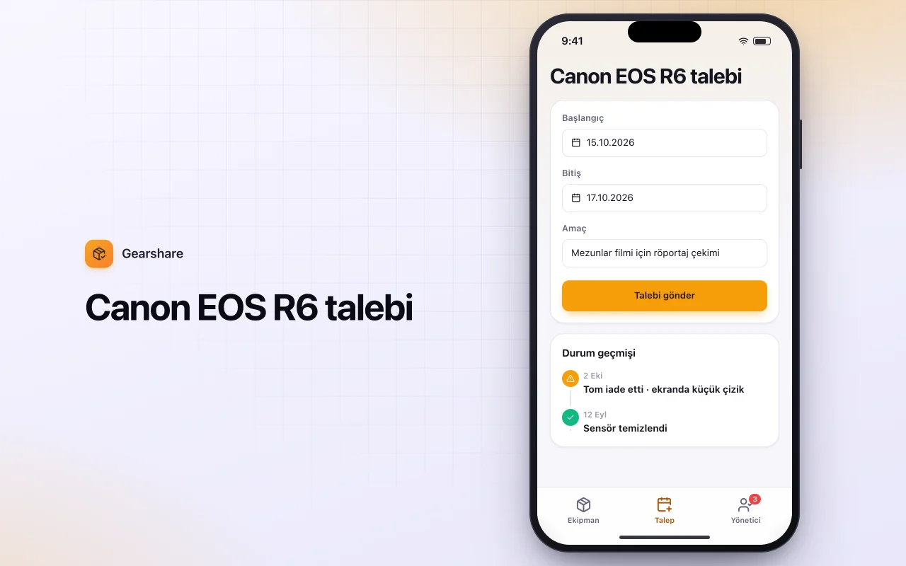 Ekipman ödünç talebi: Canon EOS R6 talebi ekranı