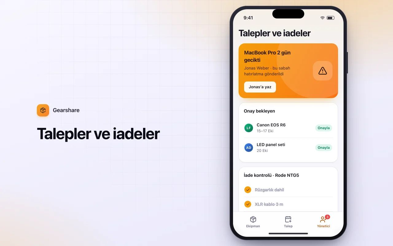 Ekipman ödünç talebi: Talepler ve iadeler ekranı