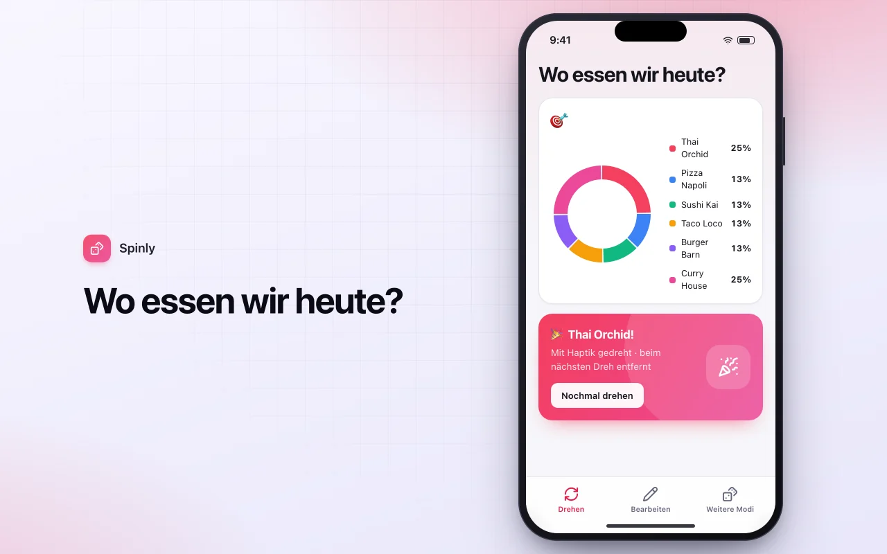 Entscheidungsrad: der Bildschirm „Wo essen wir heute?“