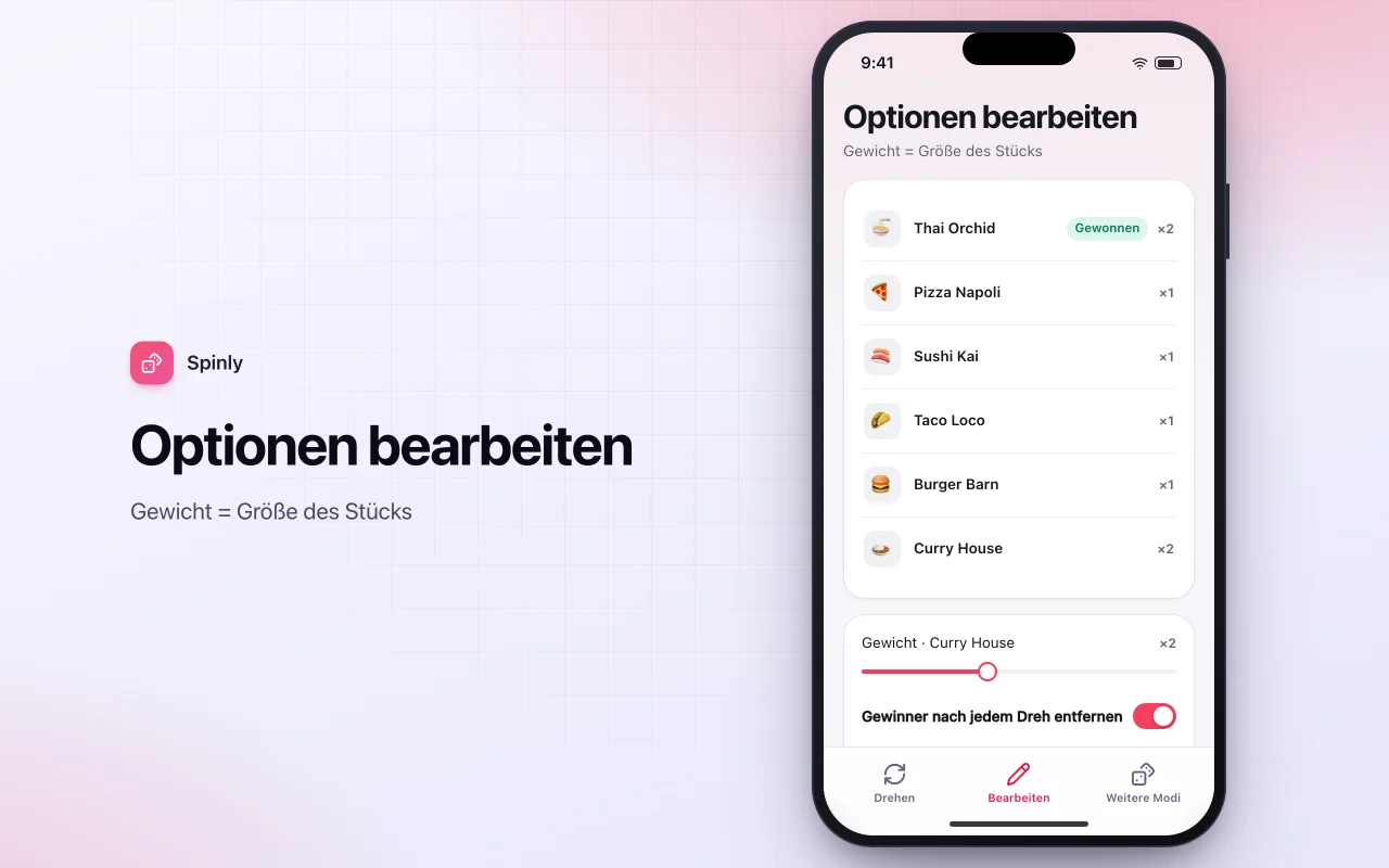 Entscheidungsrad: der Bildschirm „Optionen bearbeiten“