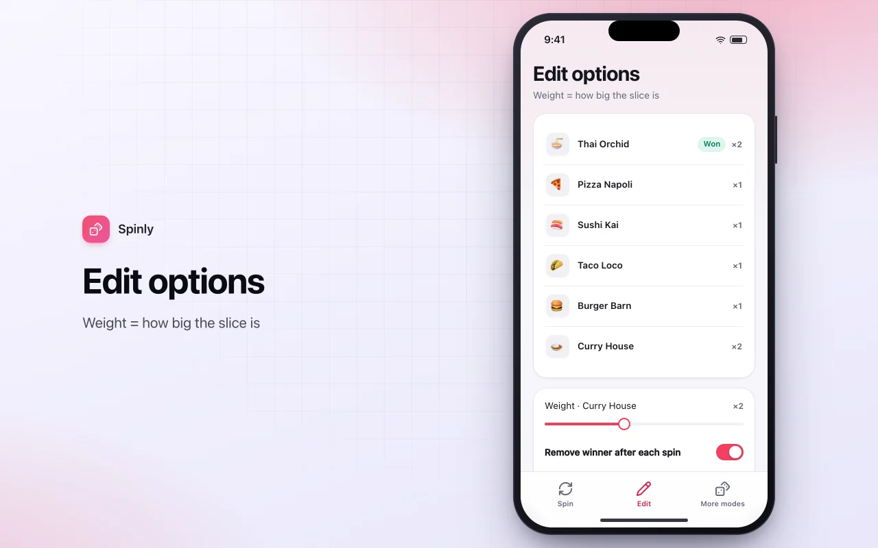 Decision wheel: the Edit options screen