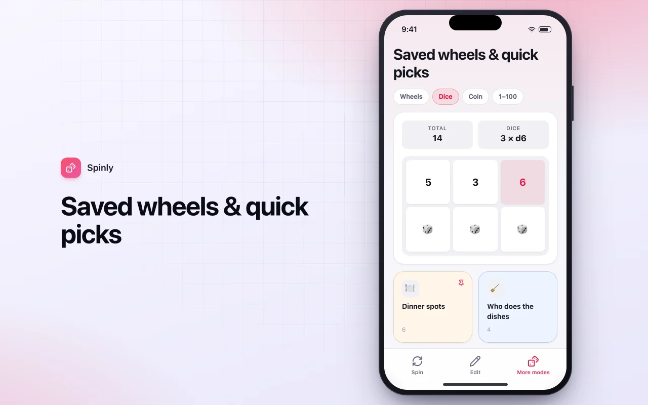 Decision wheel: the Saved wheels & quick picks screen