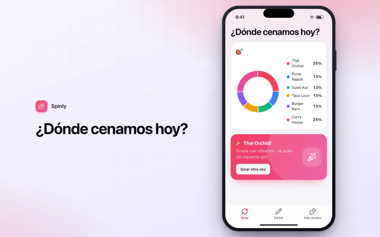 Ruleta de decisiones: la pantalla ¿Dónde cenamos hoy?