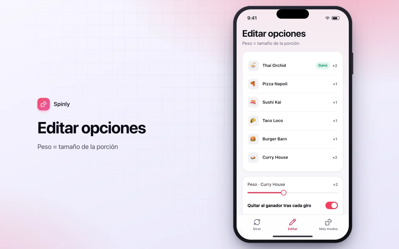 Ruleta de decisiones: la pantalla Editar opciones