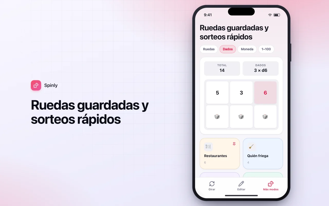 Ruleta de decisiones: la pantalla Ruedas guardadas y sorteos rápidos