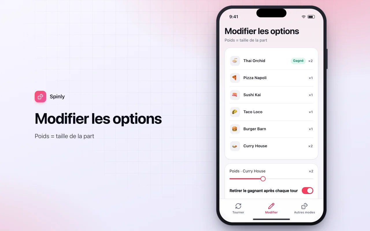 Roue de décision : l’écran Modifier les options