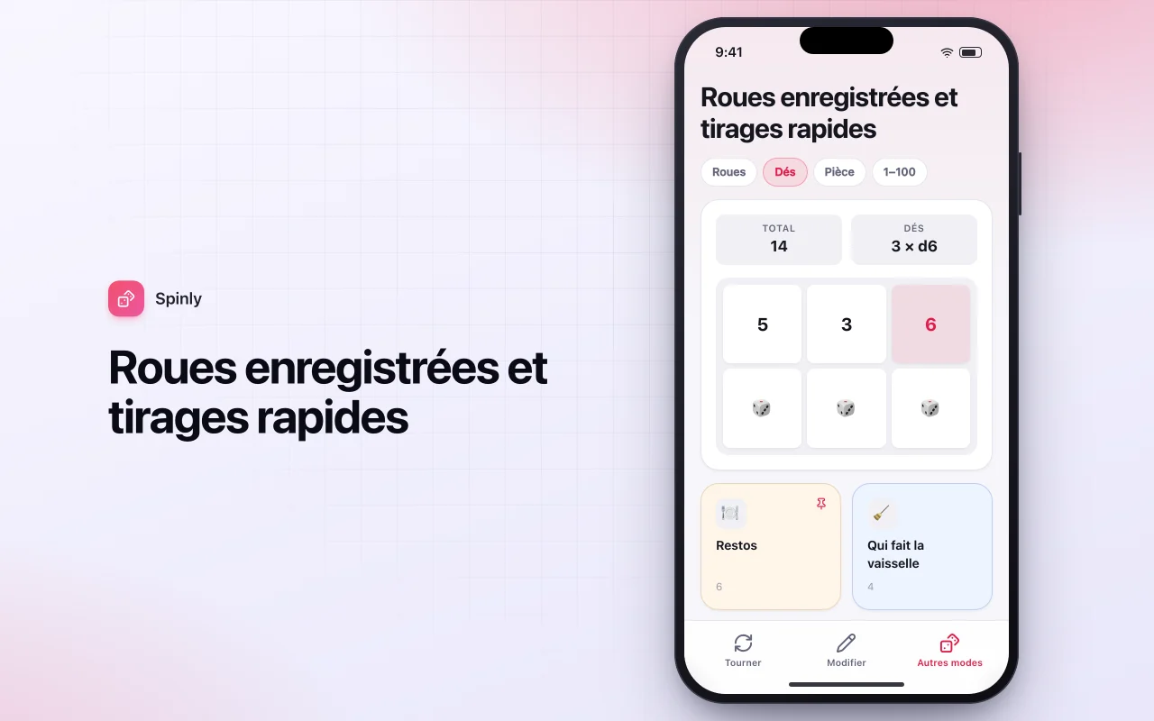 Roue de décision : l’écran Roues enregistrées et tirages rapides