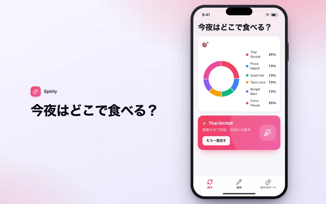 決定ルーレット：今夜はどこで食べる？画面