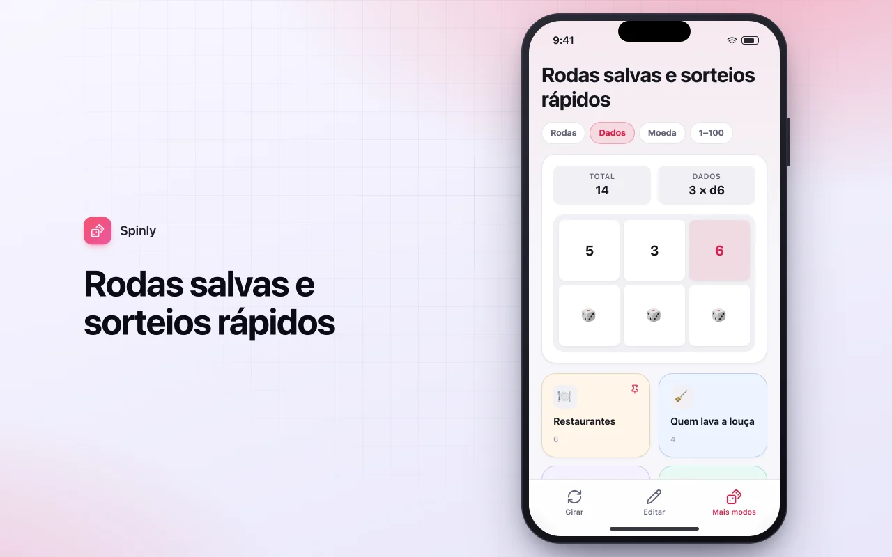 Roleta de decisões: a tela Rodas salvas e sorteios rápidos
