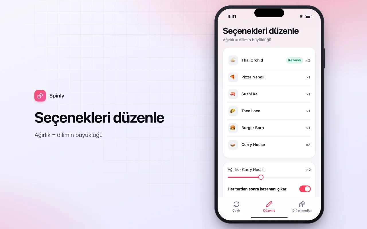 Karar çarkı: Seçenekleri düzenle ekranı