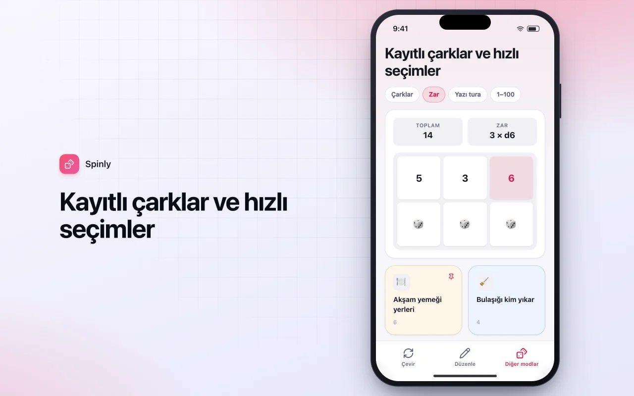 Karar çarkı: Kayıtlı çarklar ve hızlı seçimler ekranı