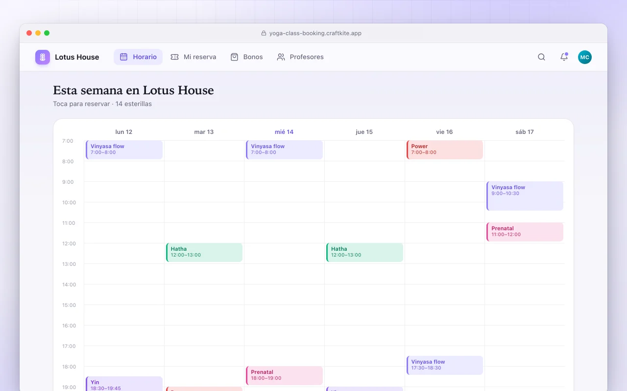 Reserva de clases de un estudio de yoga: la pantalla Esta semana en Lotus House
