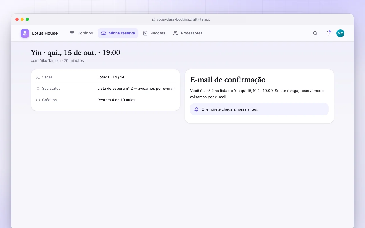 Reserva de aulas em estúdio de yoga: a tela Yin · qui., 15 de out. · 19:00