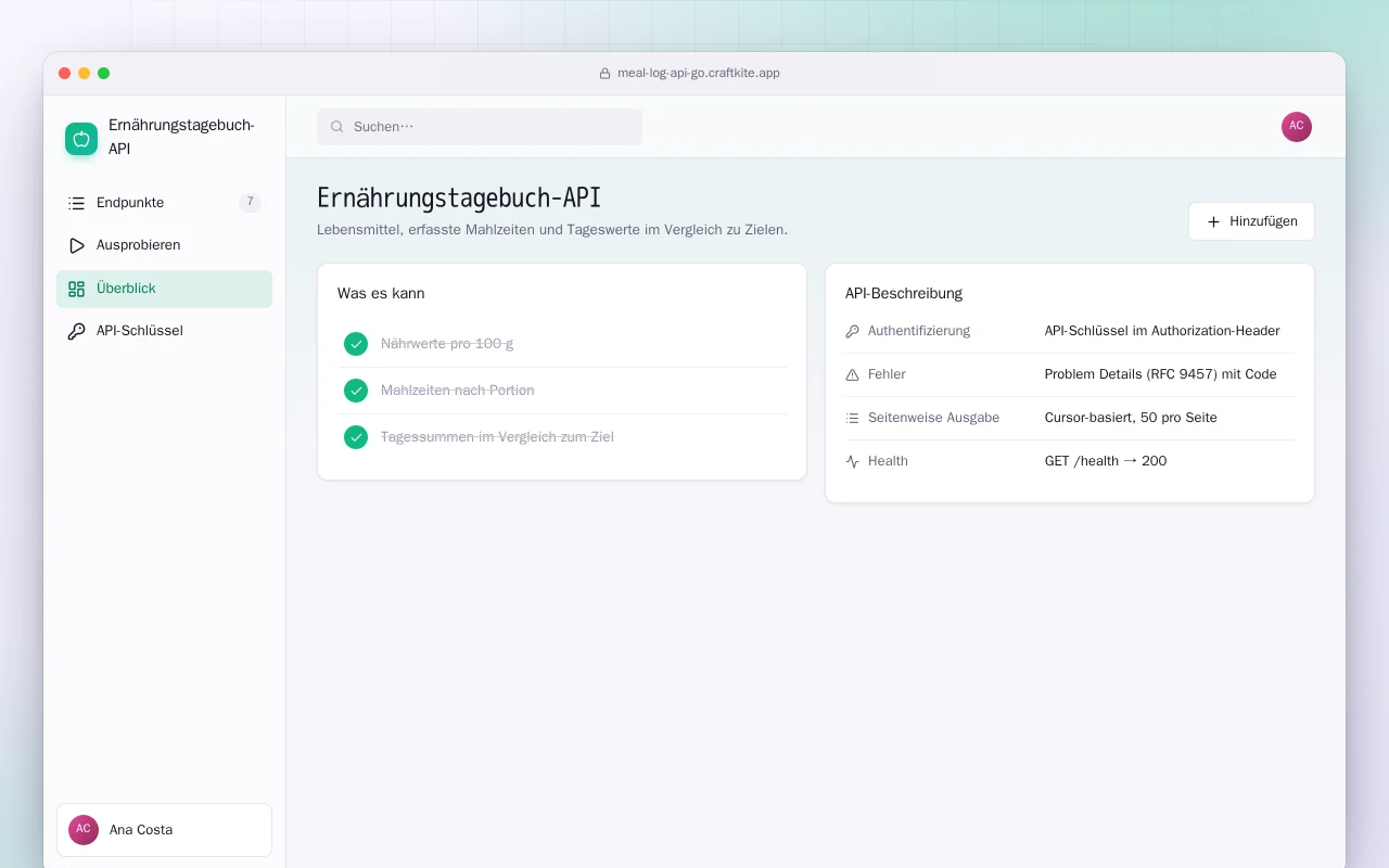 Ernährungstagebuch-API (Go): der Bildschirm „Ernährungstagebuch-API“
