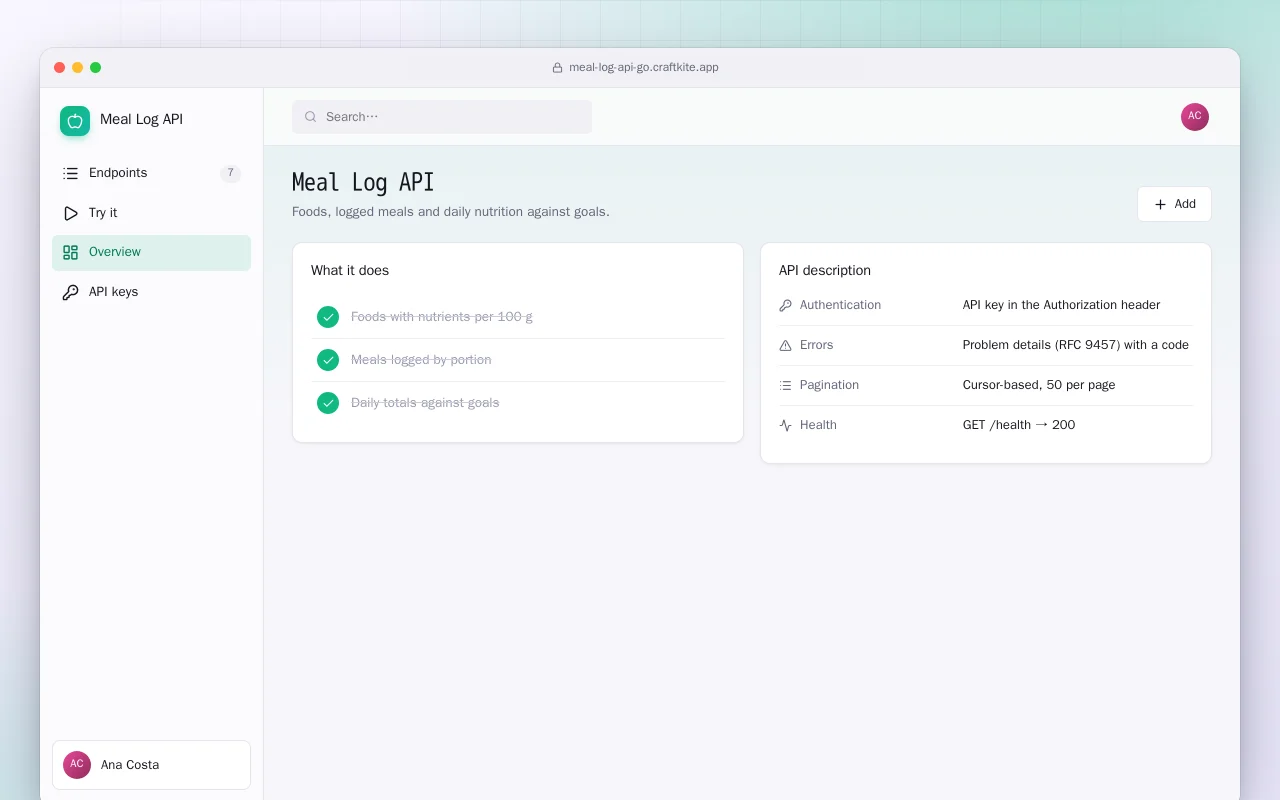 Meal Log API (Go): the Meal Log API screen