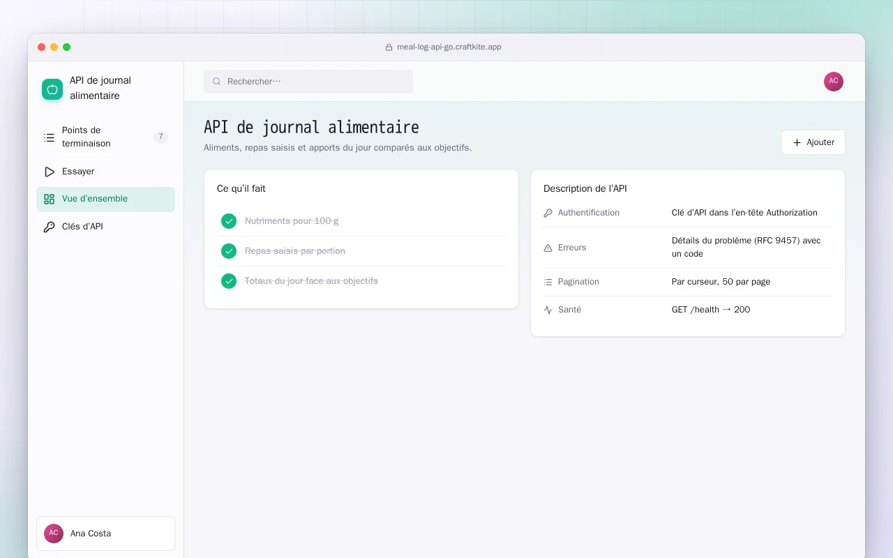 API de journal alimentaire (Go) : l’écran API de journal alimentaire