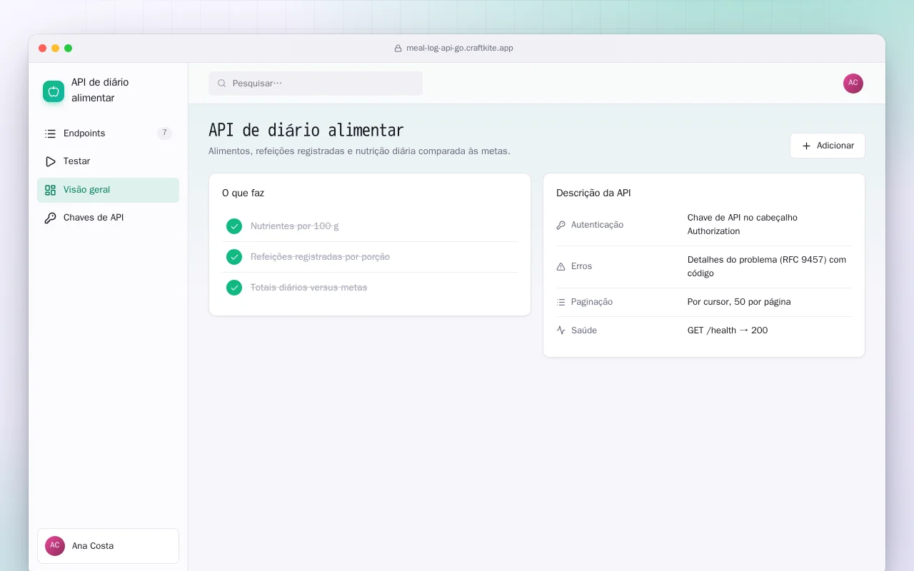 API de diário alimentar (Go): a tela API de diário alimentar
