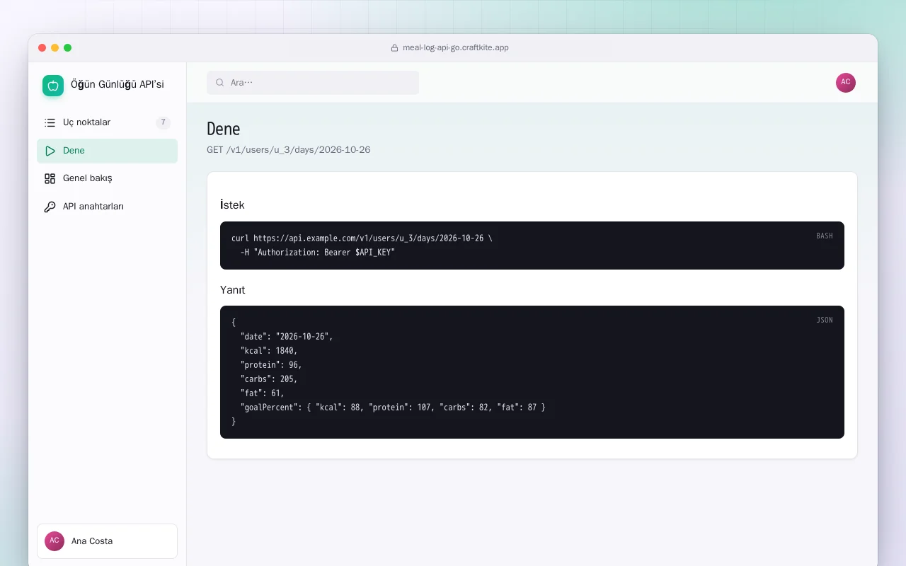 Öğün Günlüğü API’si (Go): Dene ekranı