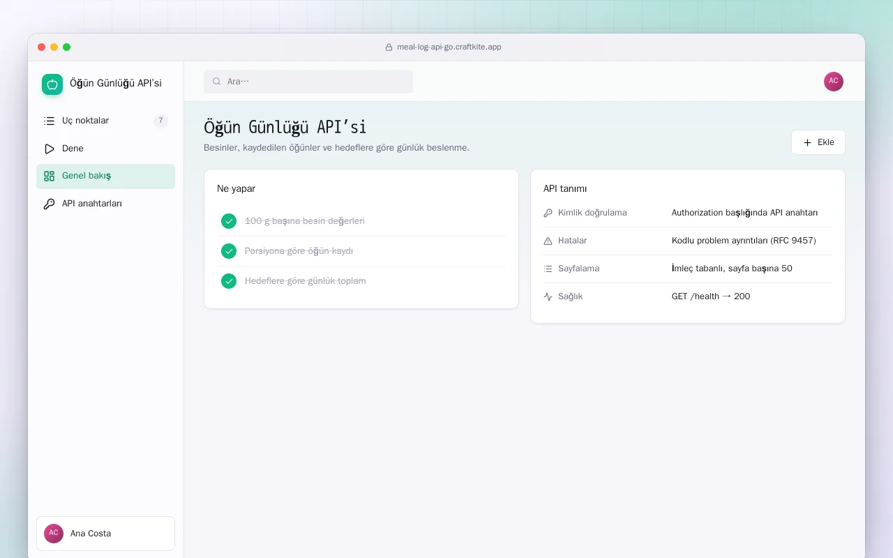 Öğün Günlüğü API’si (Go): Öğün Günlüğü API’si ekranı